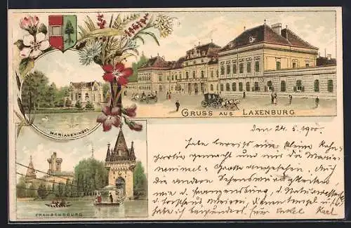 Lithographie Laxenburg, Marianeninsel, Franzensburg, Wappen