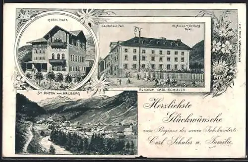 AK St. Anton am Arlberg, Hotel Post, Gasthof zur Post v. C. Schuler, Ortsansicht, Radfahrer, Pferdekutsche