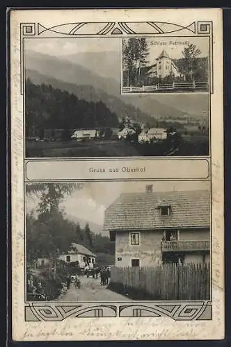 AK Metnitz, Gruss aus Oberhof, Schloss Fetrinelli, Ortsansicht aus der Vogelschau