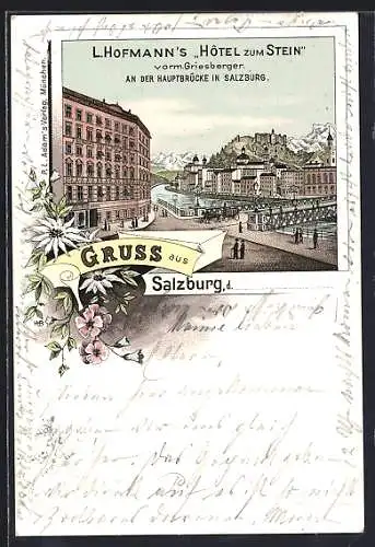 Lithographie Salzburg, L. Hofmanns Hotel zum Stein an der Hauptbrücke
