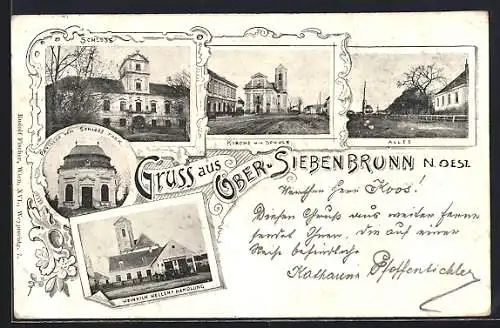 AK Obersiebenbrunn /N. Oest., Heinrich Hellers Handlung, Schloss, Kirche mit Schule