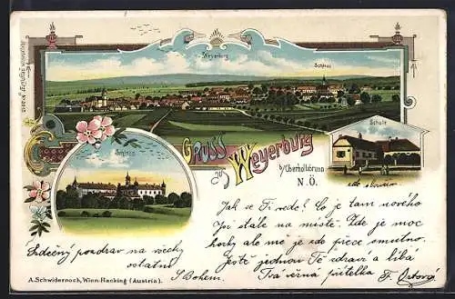 Lithographie Hollabrunn, Weyerburg b. Oberhollabrunn, Schloss, Schule, Ortsansicht