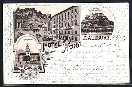 Lithographie Salzburg, Hotel Horn, Glockenspiel, Festung Hohensalzburg
