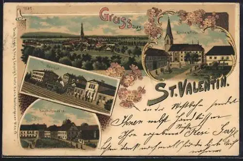 Lithographie St. Valentin, Kirche & Platz, Bahnhof, Bahnhofstrasse