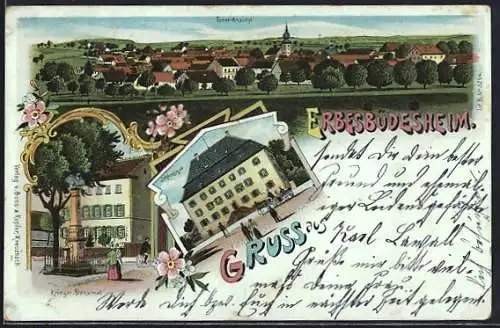 Lithographie Erbesbüdesheim, Schlossgut, Kriegerdnekmal und Ortspanorama