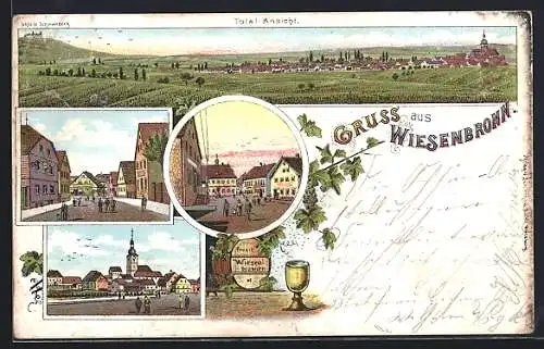 Lithographie Wiesenbronn, Strassenpartie mit Gasthaus, Totalansicht mit Schloss Schwanberg