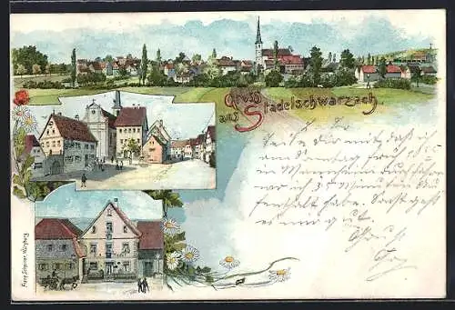 Lithographie Stadelschwarzach, Gasthaus von C. A. Meder mit Strassenpartie