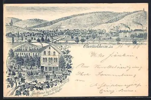 Lithographie Obertürkheim, Gasthaus zum Wirt am Berg, Bes. Friedrich Neuffer