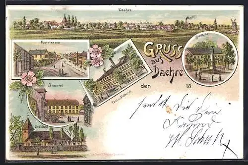 Lithographie Daehre, Brauerei, Post und Molkerei, Dorfkirche