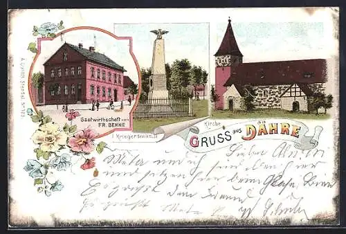 Lithographie Dähre, Gasthaus von Fr. Behne, Kirche und Kriegerdenkmal