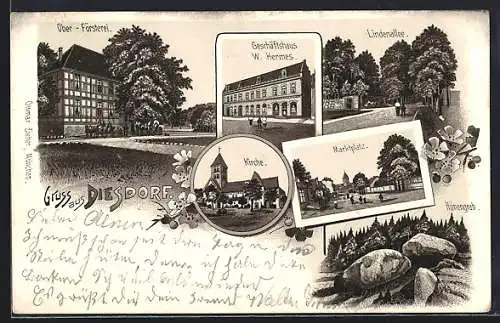 Lithographie Diesdorf / Altmark, Ober-Försterei, Geschäftshaus W. Hermes, Lindenallee