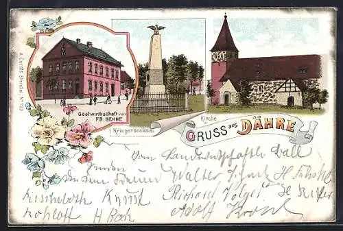 Lithographie Dähre, Gasthaus vin Fr. Behne, Kirche, Kriegerdenkmal