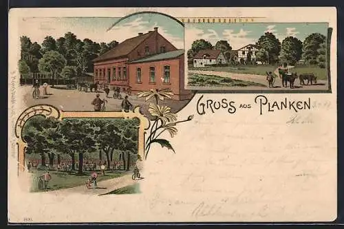 Lithographie Planken, Gasthof, Spaziergänger im Park, Gehöft