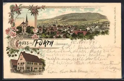 Lithographie Fürth / Odenwald, kath. Kirche, Gasthaus zum Adler, Panorama