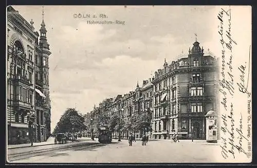 AK Köln-Neustadt, Hohenzollern-Ring mit Strassenbahn und Litfasssäule