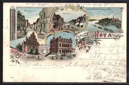 Lithographie Hoya /Weser, Deichstrasse, Langestrasse, Schule, Post