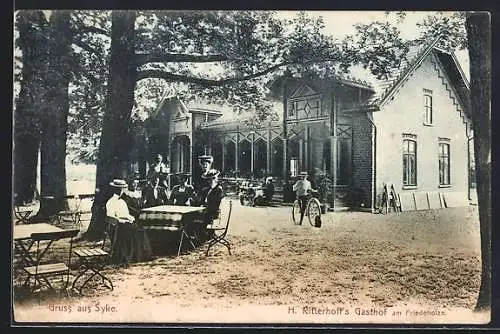 AK Syke, Gasthof v. H. Ritterhoff mit Gartenlokal am Friedeholze, Radfahrer