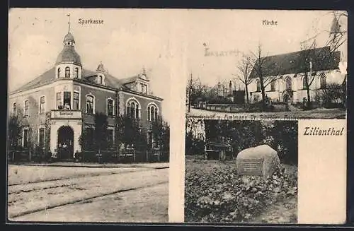 AK Lilienthal / Bremen, Gedenkstein v. Amtmann Dr. Schröter Asstronom, Kirche, Sparkasse
