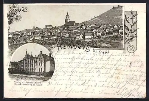Lithographie Homberg / Cassel, Seminar und Blick über den Ort