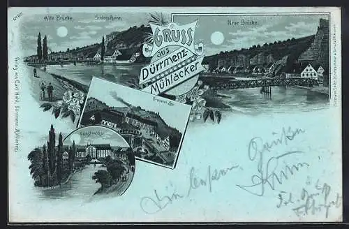 Mondschein-Lithographie Dürrmenz-Mühlacker, Brauerei Leo, Neue Brücke, Schloss Ruine, Kunstmühle