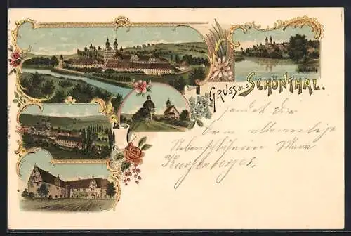 Lithographie Schönthal / Jagst, Partien im Ort in dekorativen Rahmen mit Blumen