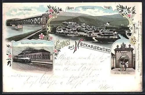 Lithographie Neckargemünd, Bahnhof mit Restaurant, Neckarbrücke, Altes Stadtthor