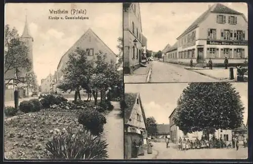 AK Westheim /Pfalz, Gasthaus zum Ochsen, Kirche und Gemeindehaus, Ortspartie mit Kindern