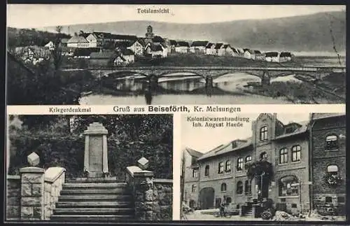 AK Beiseförth /Melsungen, Kolonialwarenhandlung Inh. August Haede, Kriegerdenkmal