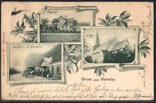 AK Rieseby, Gasthaus v. H. Siemsen, Bahnhof, Kirche