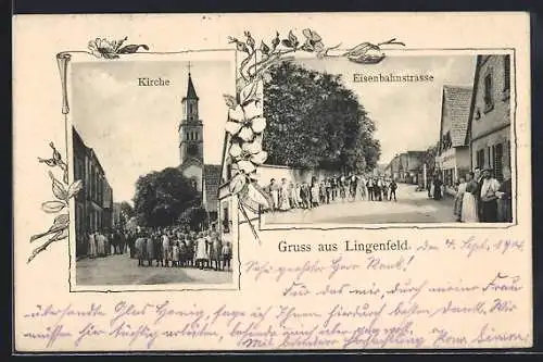 AK Lingenfeld, Kirche, Passanten in der Eisenbahnstrasse