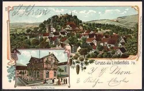 AK Lindenfels i. O., Hotel Hessisches Haus und Blick auf den Ort