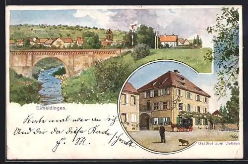 Lithographie Eimeldingen, Gasthof zum Ochsen, Brückenpartie