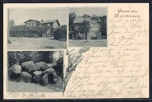 AK Waldhusen / Lübeck, Gasthof und Bahnhof, Hünengrab