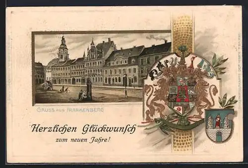 Präge-Lithographie Frankenberg / Sachsen, Strassenpartie mit Stadtbrauerei und Apotheke, Wappen, Neujahrsgrüsse