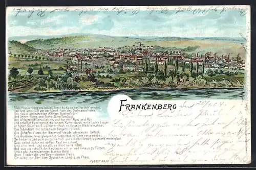 Lithographie Frankenberg / Sachsen, Ortsansicht mit Flusspartie