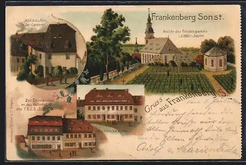 Lithographie Frankenberg /S., Ansicht des Friedensparkes, Alte Schule in der Cantorei, Alte Schule a. d. Kirche