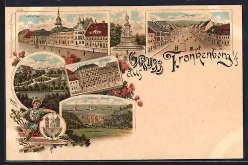 Lithographie Frankenberg / Sachsen, Sieger-Denkmal, Schlosstrasse, Friedenspark, Wappen, Junge mit Hermesstab