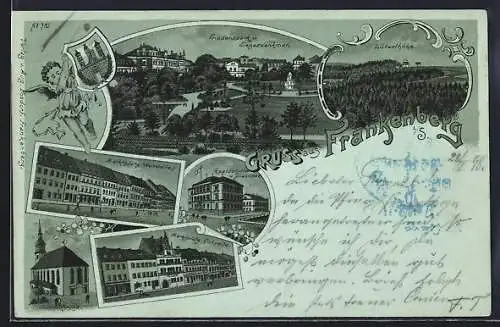 Lithographie Frankenberg i. S., Friedenspark und Siegesdenkmal, Kirche, Realschule u. Diaconat