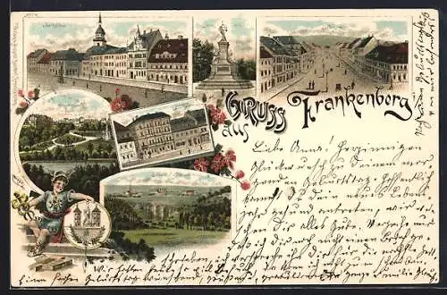 Lithographie Frankenberg / Sachsen, Marktplatz, Friedenspark, Siegesdenkmal, Schlossstrasse