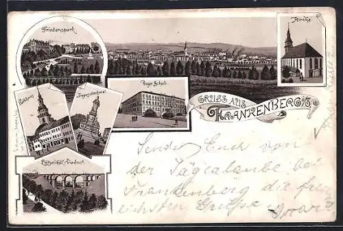 Vorläufer-Lithographie Frankenberg i. Sa., 1895, Bürger-Schule, Friedenspark, Kirche, Siegesdenkmal