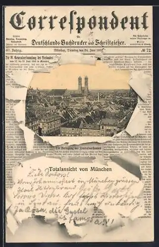 Zeitung-AK München, Frauenkirche im Passepartout mit Zeitung Correspondent