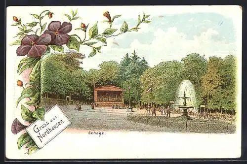 Lithographie Nordhausen, Gehege mit Besuchern, Blumenrahmen