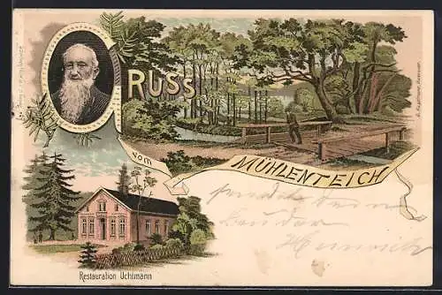 Lithographie Obenstrohe, Restaurant Uchtmann, Mühlenteich, Porträt