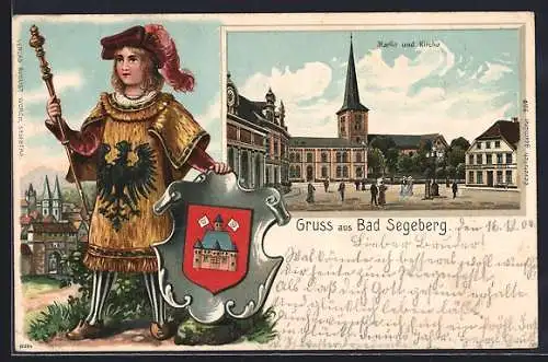 Passepartout-Lithographie Bad Segeberg, Markt und Kirche, Zeremonienmeister und Wappen