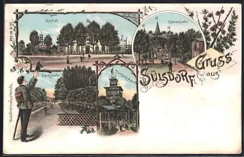 Lithographie Sülsdorf, Gasthof, Gartenpartie, Aussichtsturm