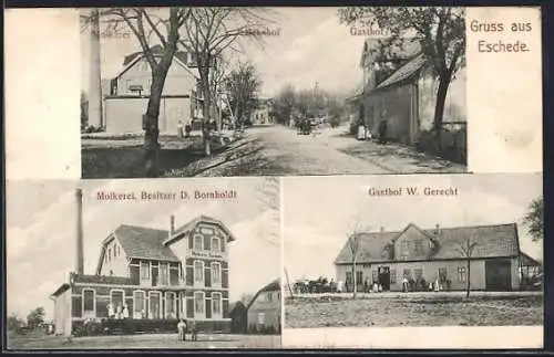 AK Eschede, Gasthof W. Gerecht, Molkerei von D. Bornholdt, Bahnhof