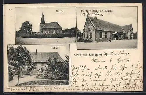 AK Staffhorst, Friedrich Berner`s Gasthaus, Kirche und Schule