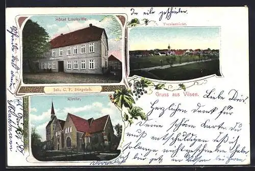 AK Vilsen, Hotel Louisville, Inh. C. F. Dörgeloh, Kirche und Totalansicht