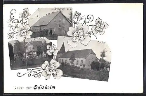 AK Odisheim, an der Kirche, Schulhaus, Haus Oest
