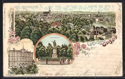 Lithographie Guben, Kgl. Landgericht, Sieges-Denkmal und Totalansicht